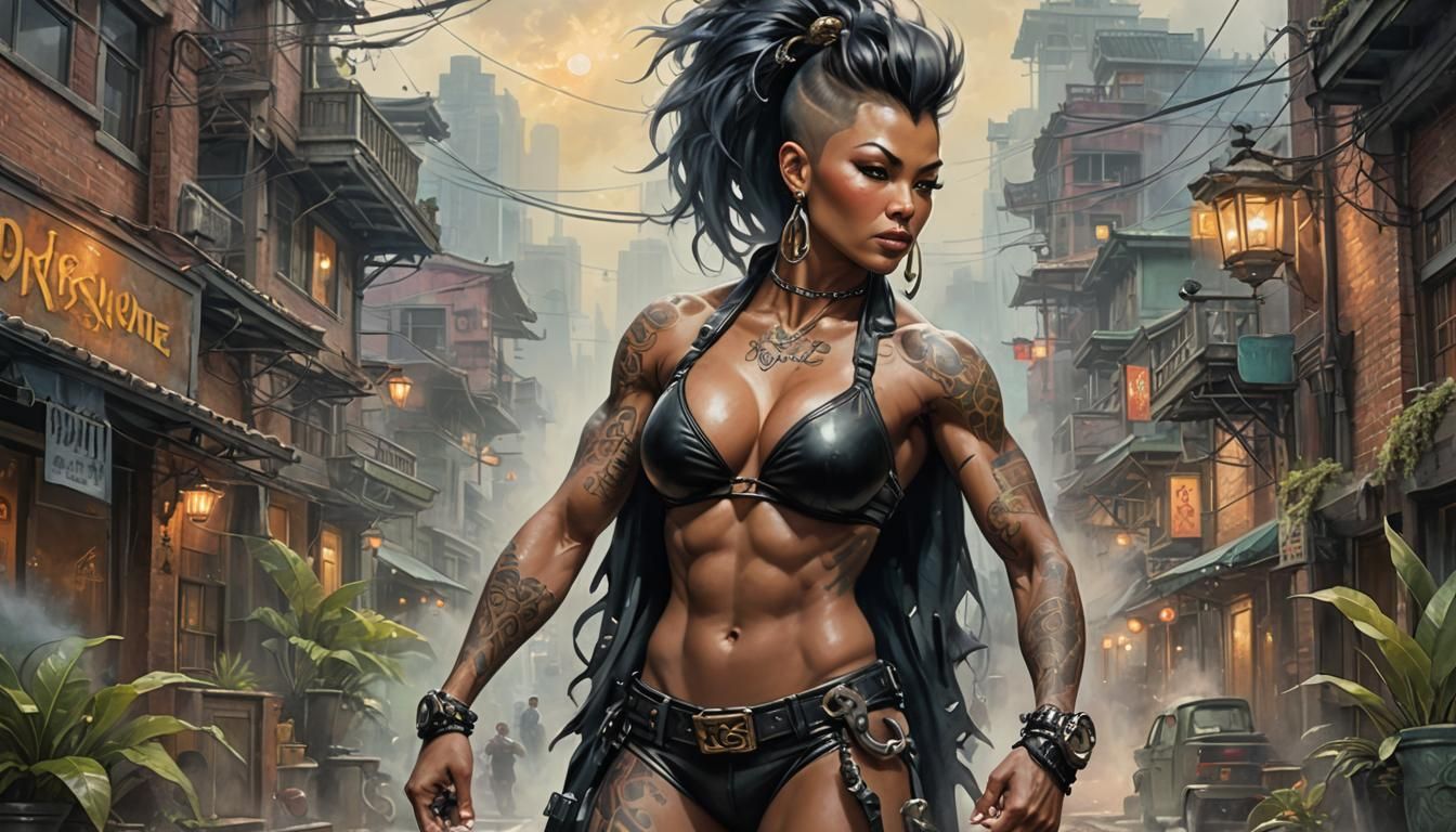 Arty Urban Jungle Asian Female Bodybuilder Tattooed Black Leather Bikini  Dark Skinned Centralized Mohawk Piercings Watercolor - AI Generated Artwork  - NightCafe Creator