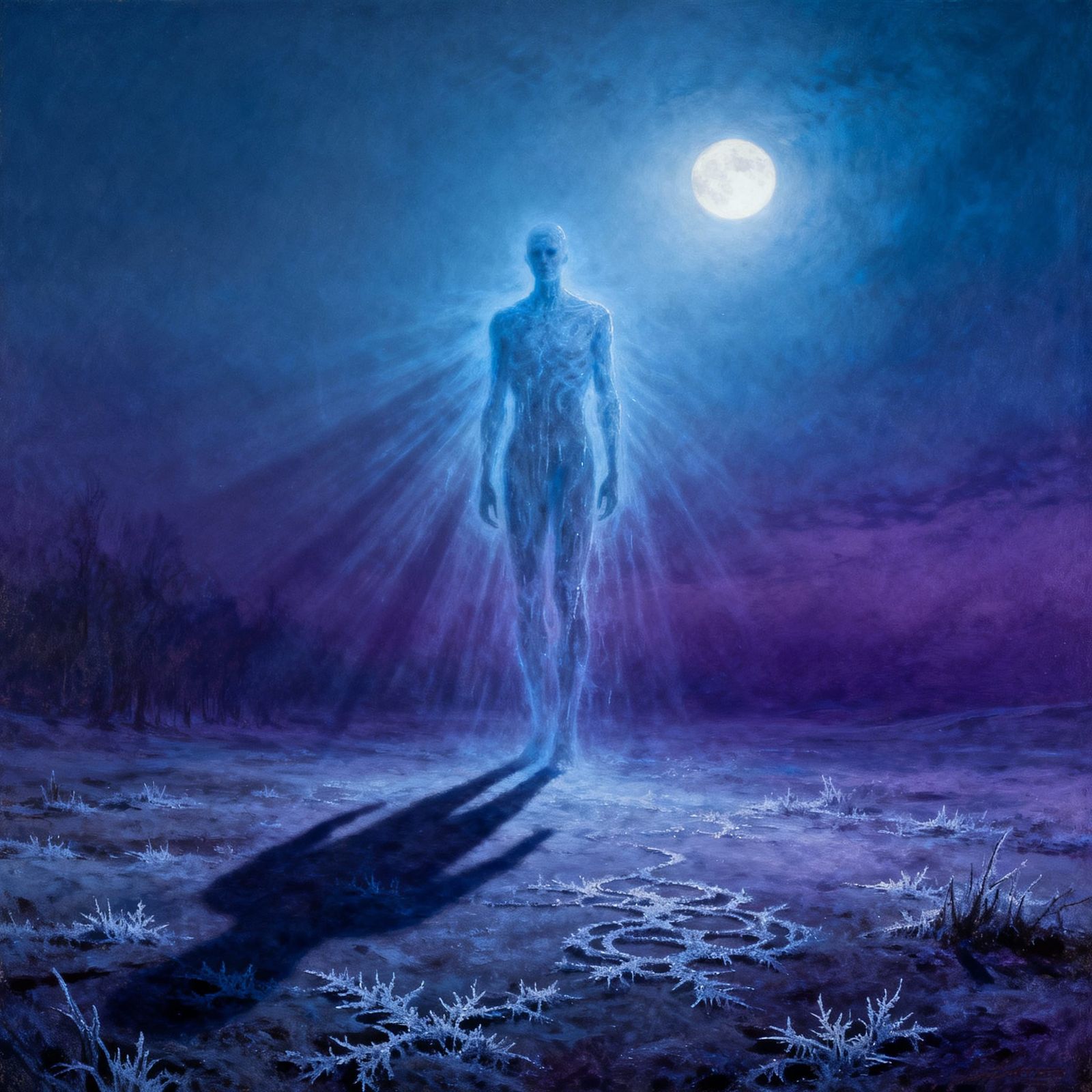 Chilling Invisible Figure in Barren Moonlit Landscape