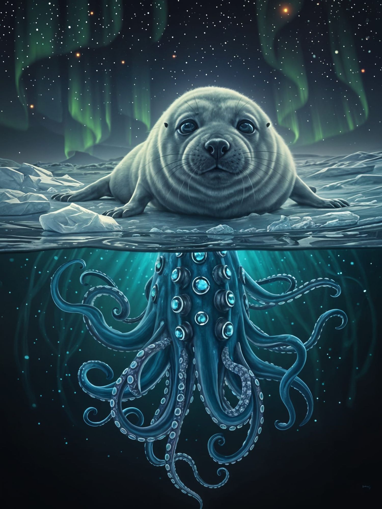  a baby harp seal pup lying under majestic artistic vivid colored Northern lights. Seal while on a sheet of pristine, transparent arctic sea...