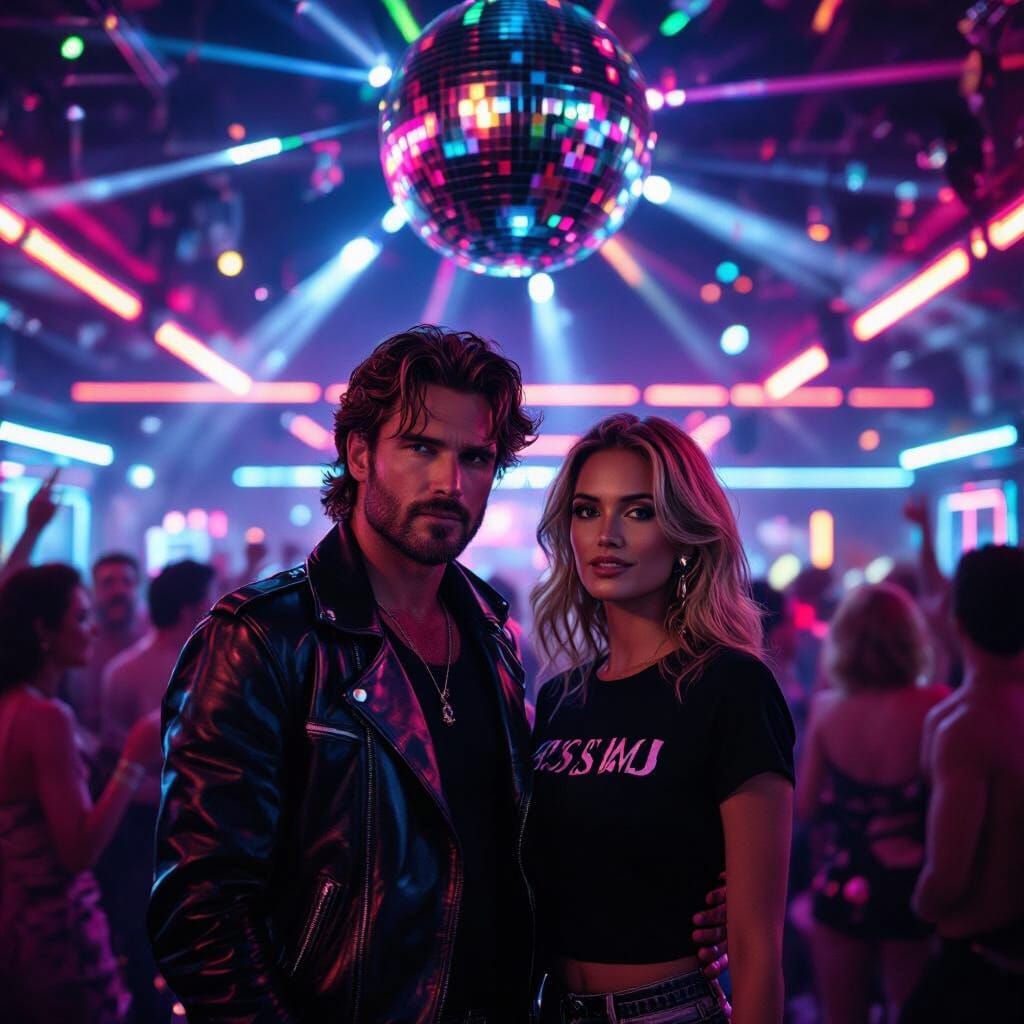 man and woman in leather jacket and black t-shirt, in neon discotek, with lots of happy people, discoball shining, neon strips on the floor,...