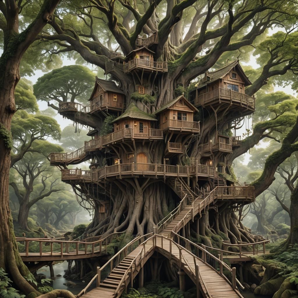 Immense tree, with many branches, and treehouses on each of ...