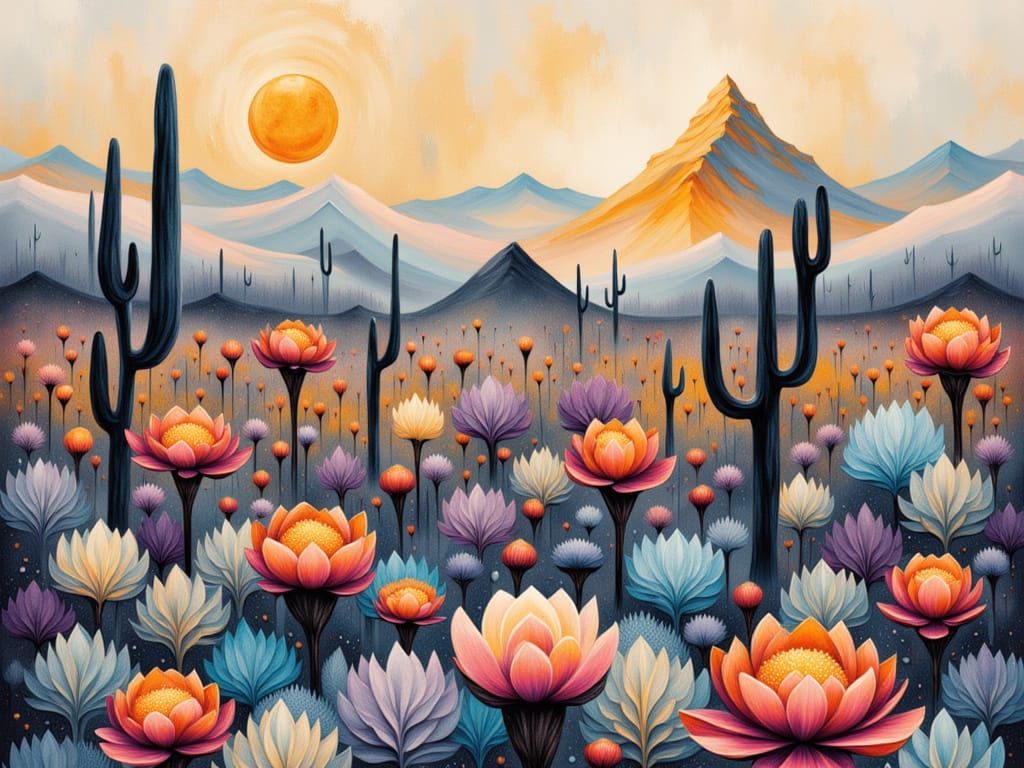 {<lora:SAS FROSTY FROZEN:1.0> DESERT, CACTUS,
KLIMT-PATTERN-SKY, DALI-PATTERN-BOTTOM, dark-greyblue, dark-yellow, FROSTY-FROZEN-TEXTURE:1.5}...