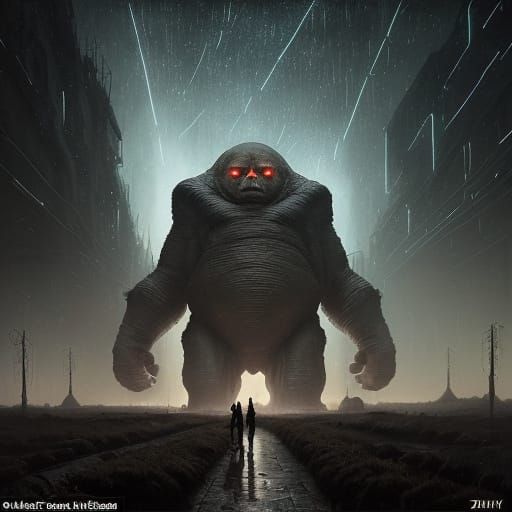 Golem Faced Fool Dances Under Dark Sky in Industrial Landsca...
