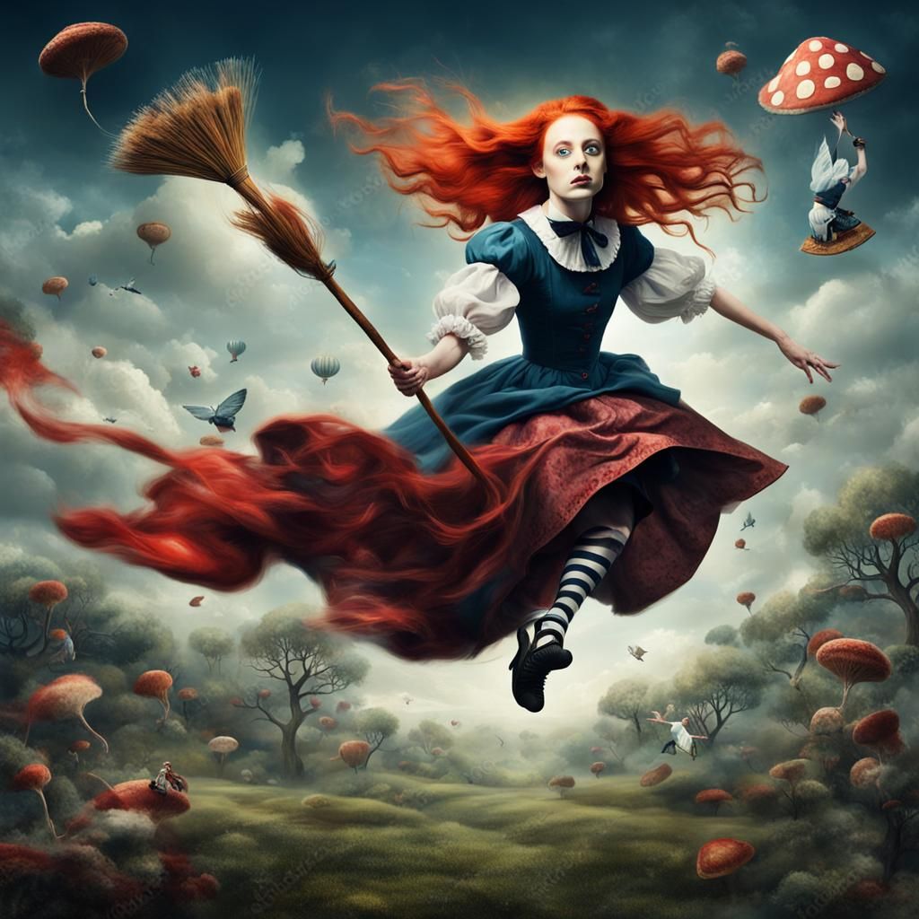 An adult Alice in Wonderland with red hair flying on a broomstick.  Surrealism - AI Generated Artwork - NightCafe Creator