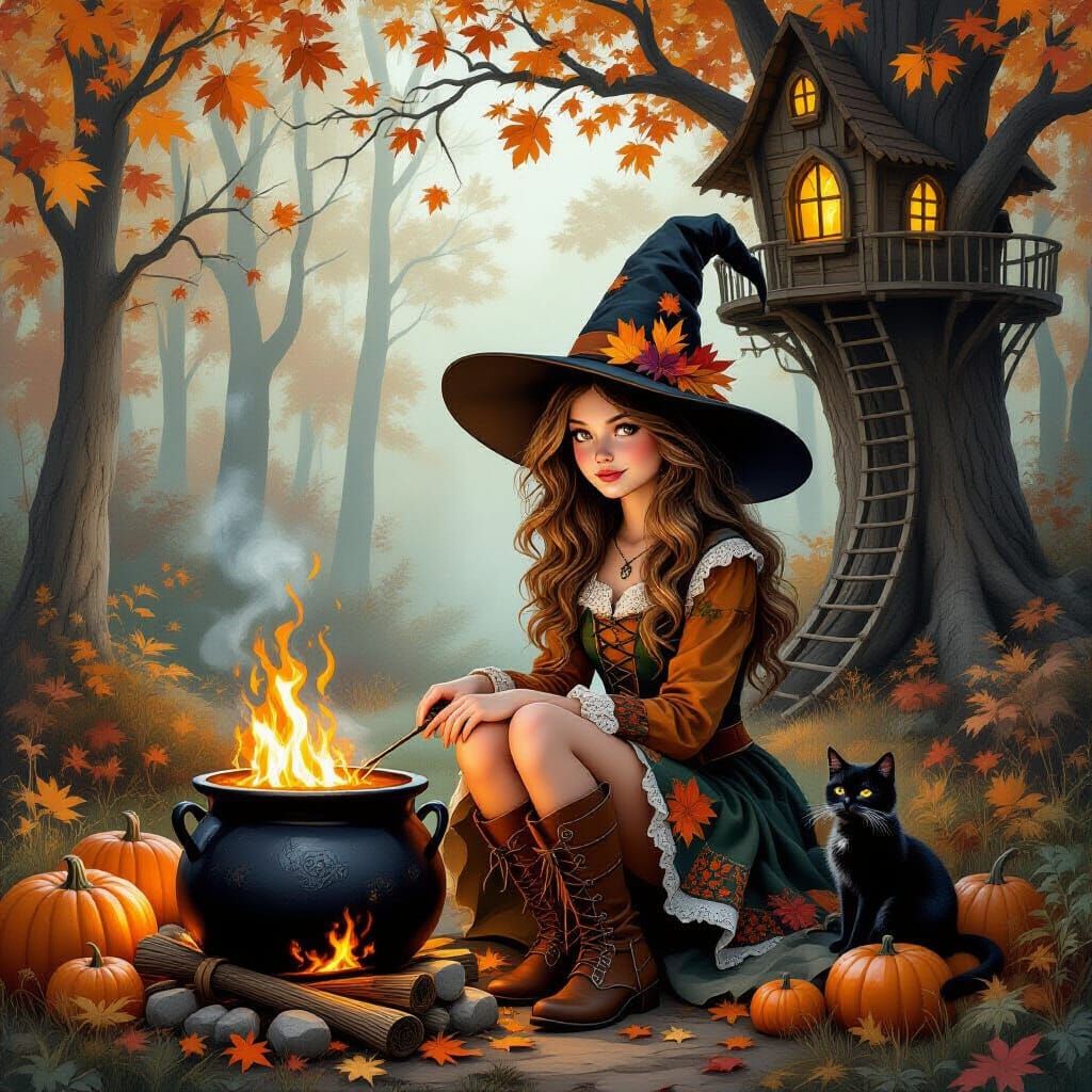 A whimsical autumn forest scene featuring a young witch sitting beside a black cauldron glowing over a fire, 
