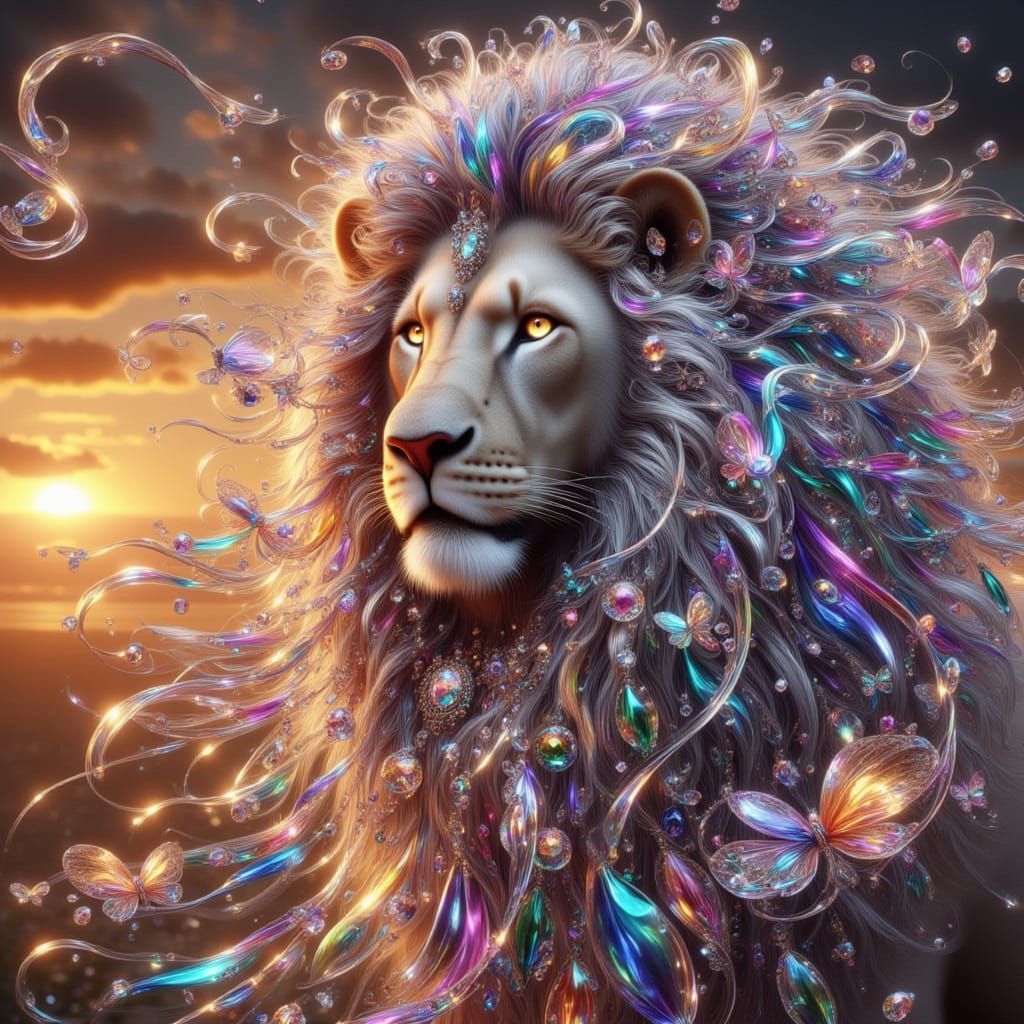 <lora:FiosCrystalTears:1.0> Khan: REgal Lion with colorful mane