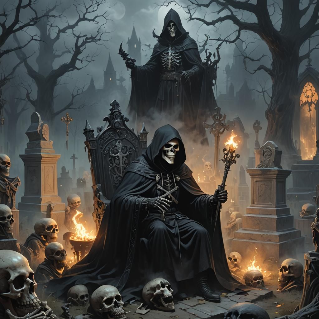 Sinister Skull-Faced Man on Bone Throne