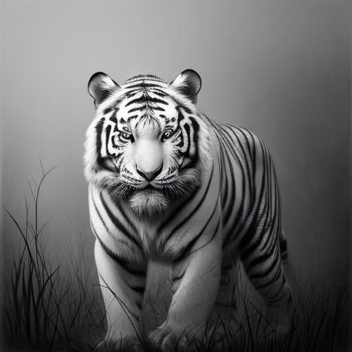 White Tiger in Misty Forest: Hyperrealistic Charcoal Drawing