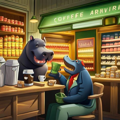 In an animal supermarket, a kind hippo advises animal buyers...