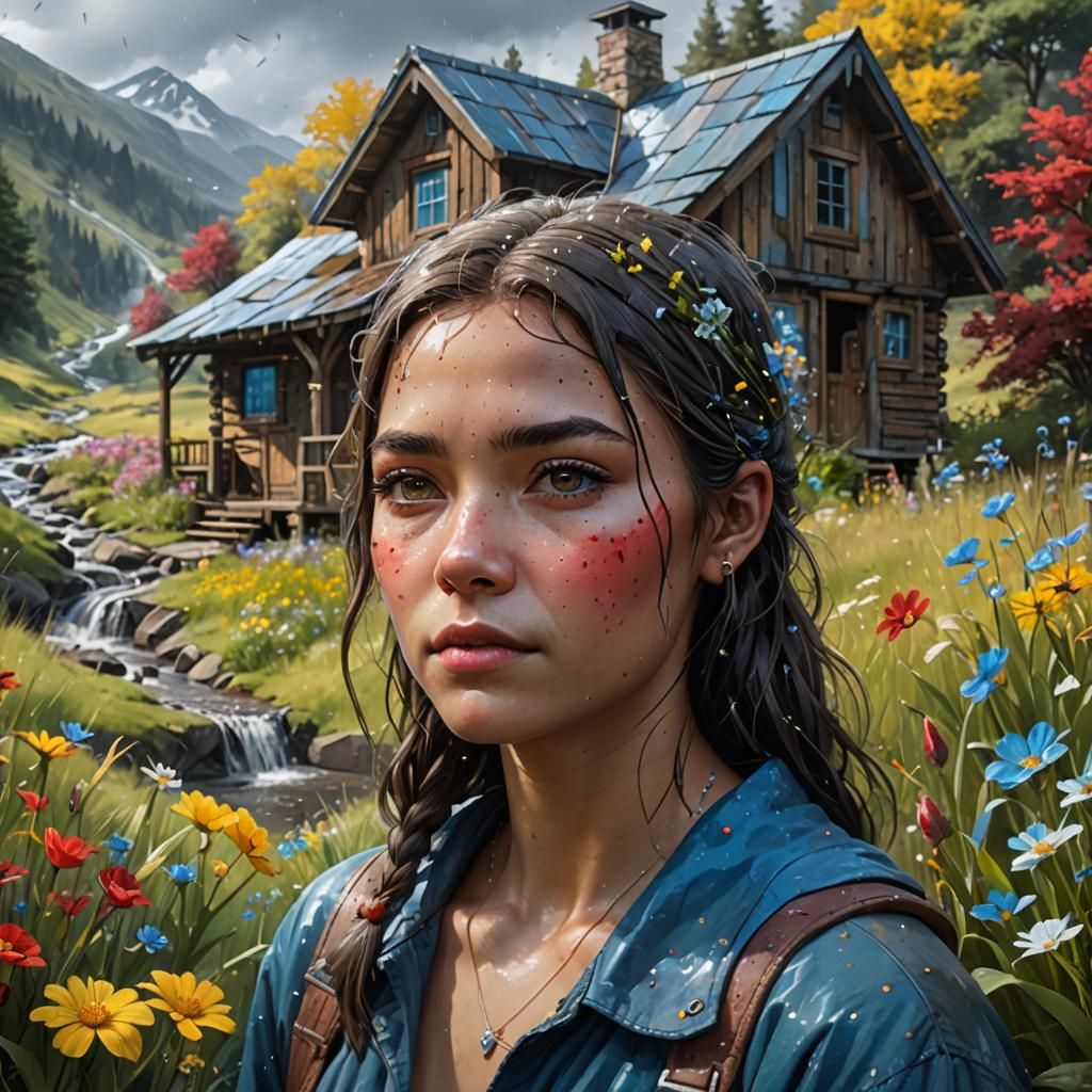 Single Small wooden shack cabin in a hidden valley with wild flowers