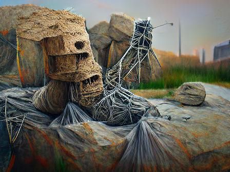 Monolithic Junk sculpture made from dried cracked mud sticks...