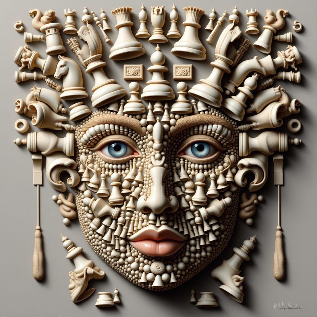 <lora:noddle:1.0> a face composed of a chess. A bright hyperrealistic drawing in the mannerist style. Anamorphosis, têtes composées. By Gius...