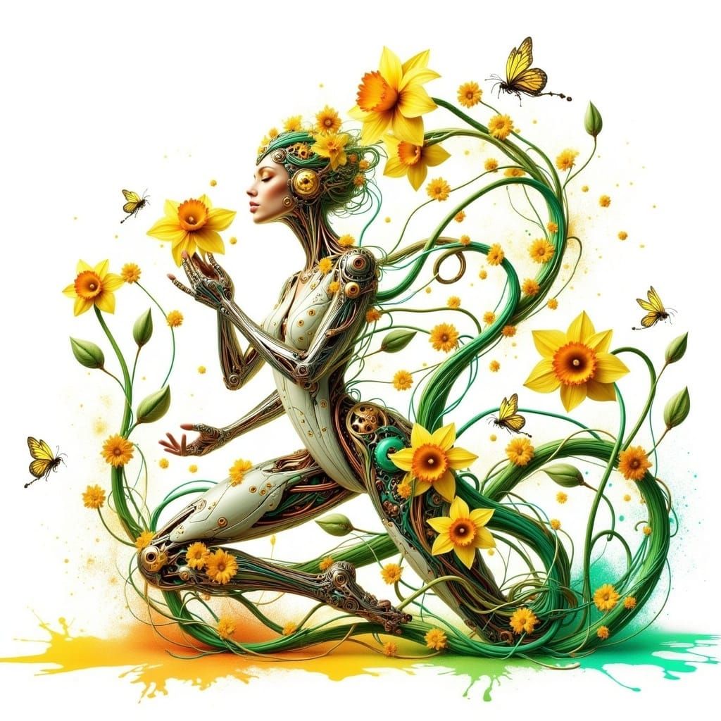 A powerful <lora:BiomechFloraFusion:1.0> woman moves into a low lunge, her body intertwined with biomechanical daffodil stems and metallic c...