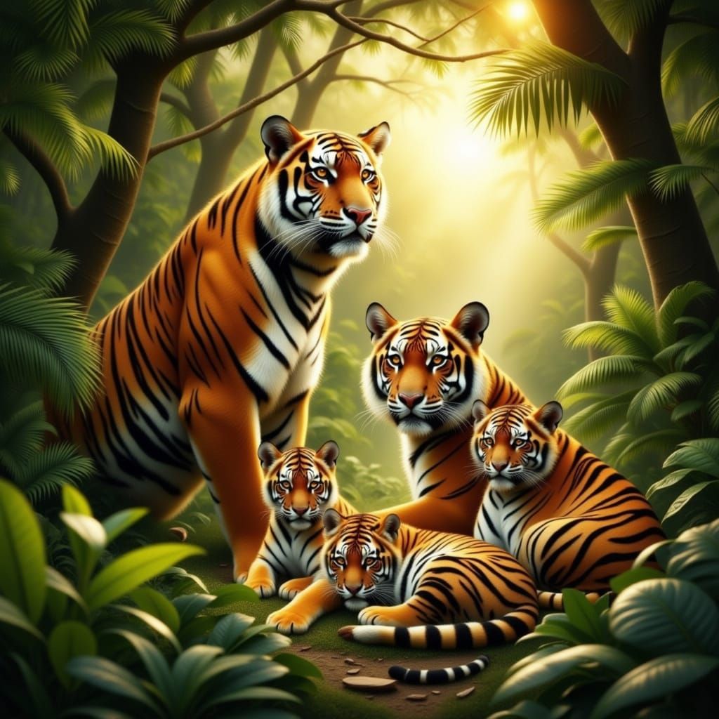 Majestic Tiger Family in Sun-Dappled Jungle Clearing