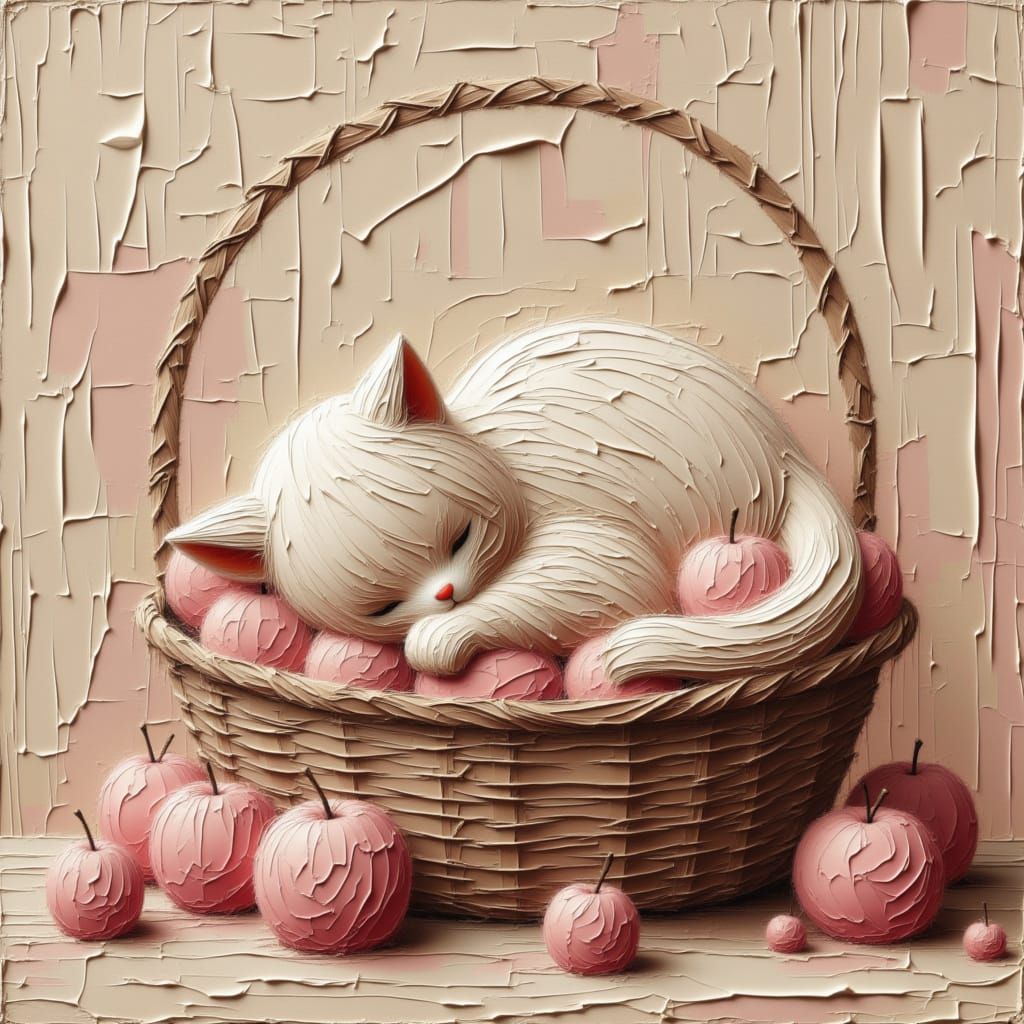 Sleeping Cat Among Pink Flowers: Oil Painting