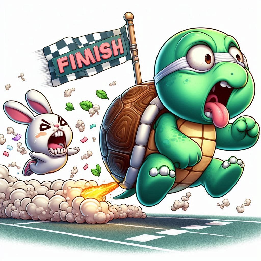 A farting turtle accelerating with high speed and win the ra...