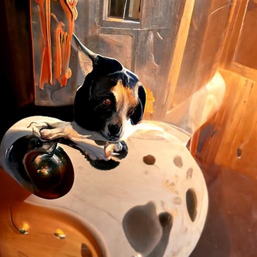 Jack russell dog playing with ball while burgers cook on a grill