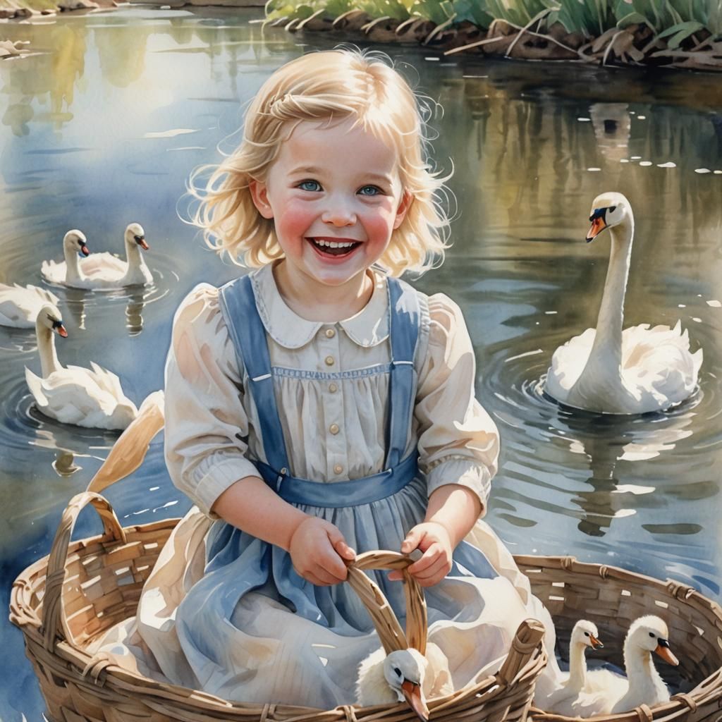 Watercolor Portrait of Girl and Swan on River