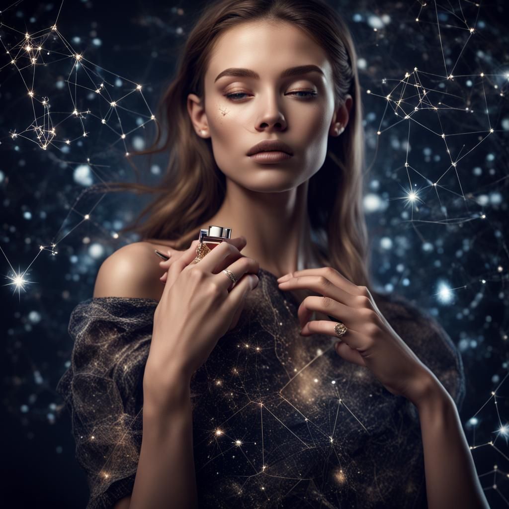 Fashionable girl wearing parfume with constellations 