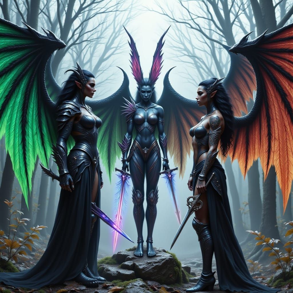 <lora:Hyperrealism Loves U:1.0> <lora:HyperRealistic Wings:1.0> A futuristic female orc warrior with greenish wings, wearing sleek black arm...