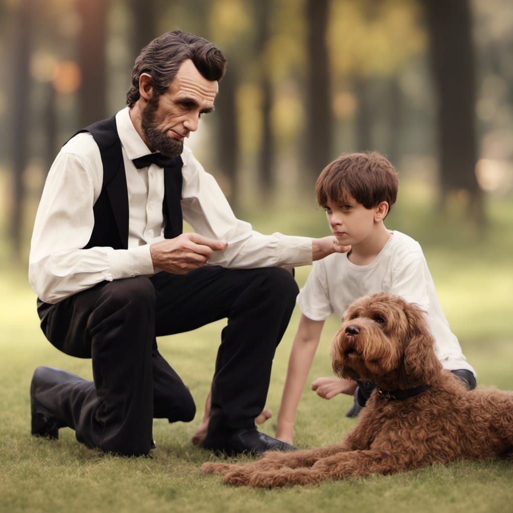 Abraham Lincoln with a boy with brown hair playing with a La...