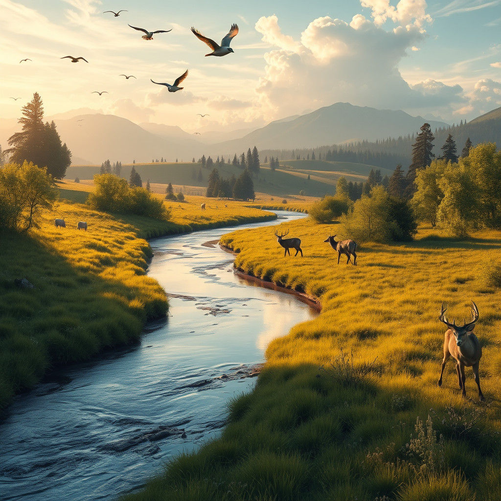 A spectacular pastoral view of a streambed with water flowing far into the distance, surrounded by lush ...  by @undefined