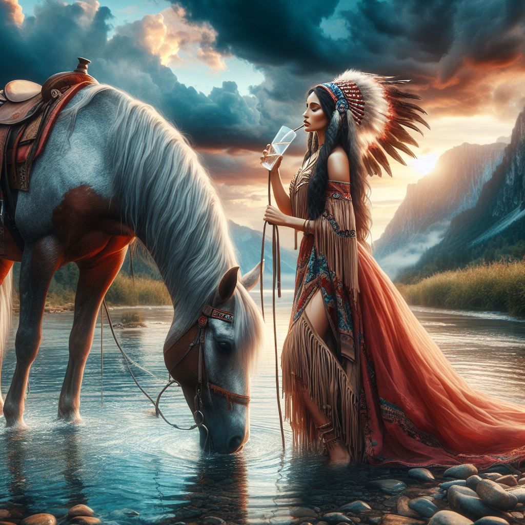 native american woman with her horse drinking water from the river