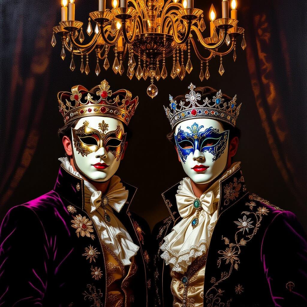 A crown and a tiara on two men at a masked ball  by @Mikeydred