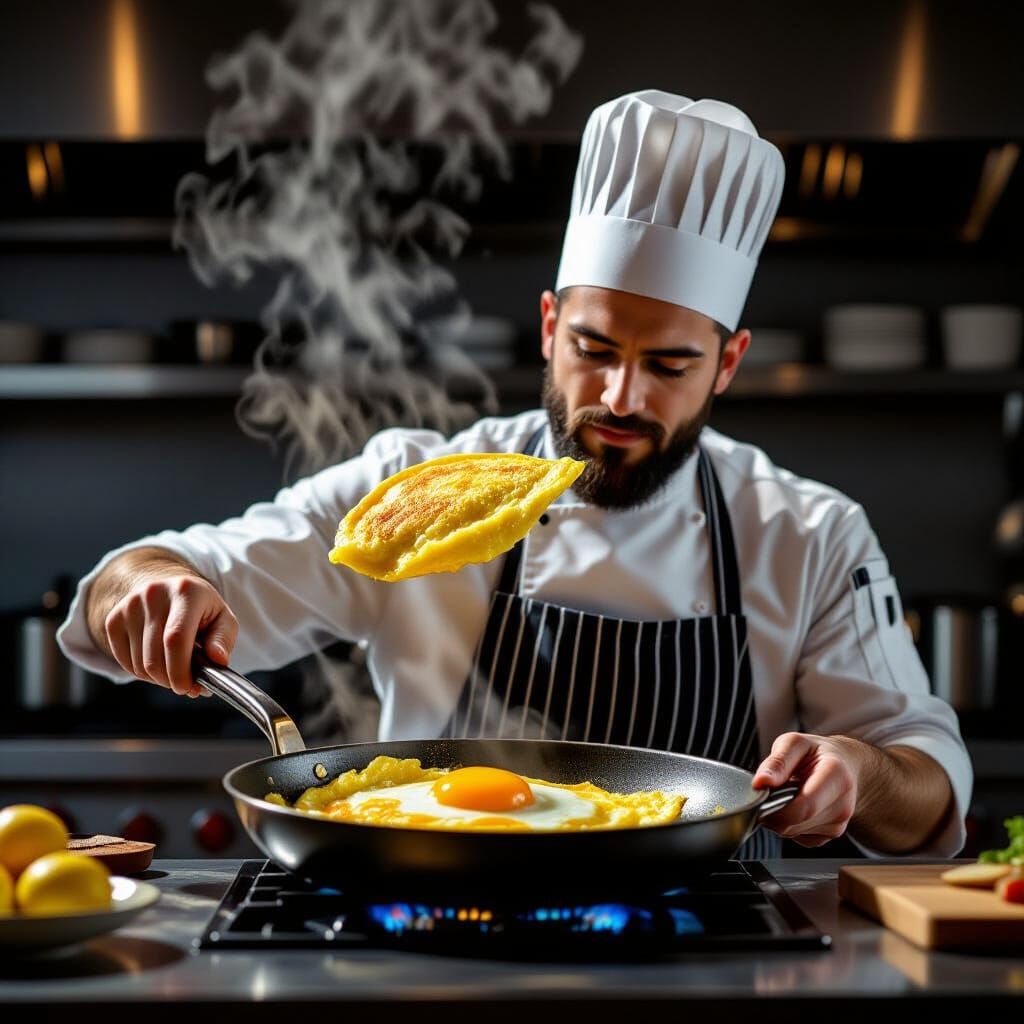 Chef Expertly Flips Omelet in Dramatic Kitchen Lighting