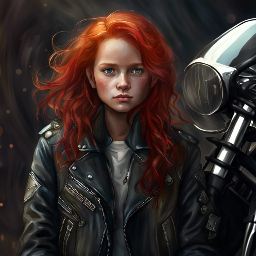 Young Angel with red hair and a motorcycle jacket 