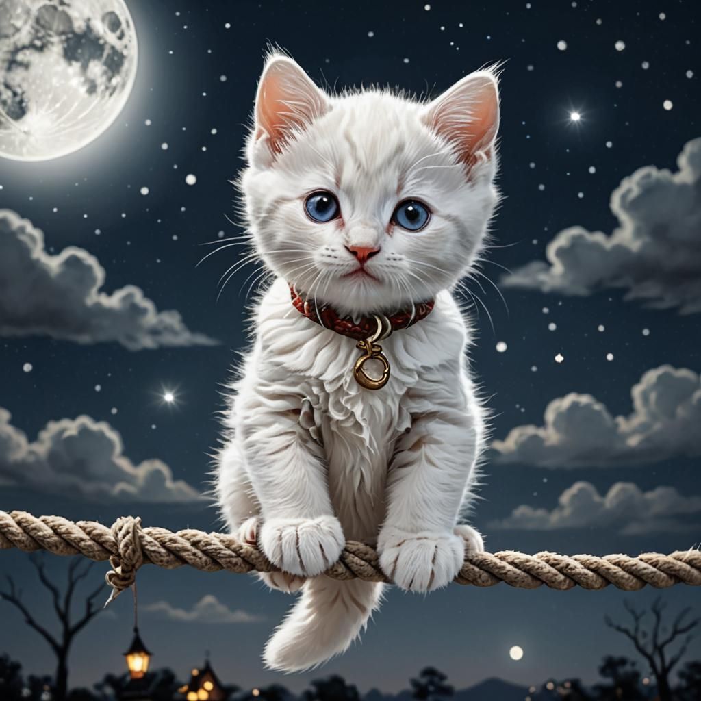 A cute white kitten is balancing on a rope at night when it ...