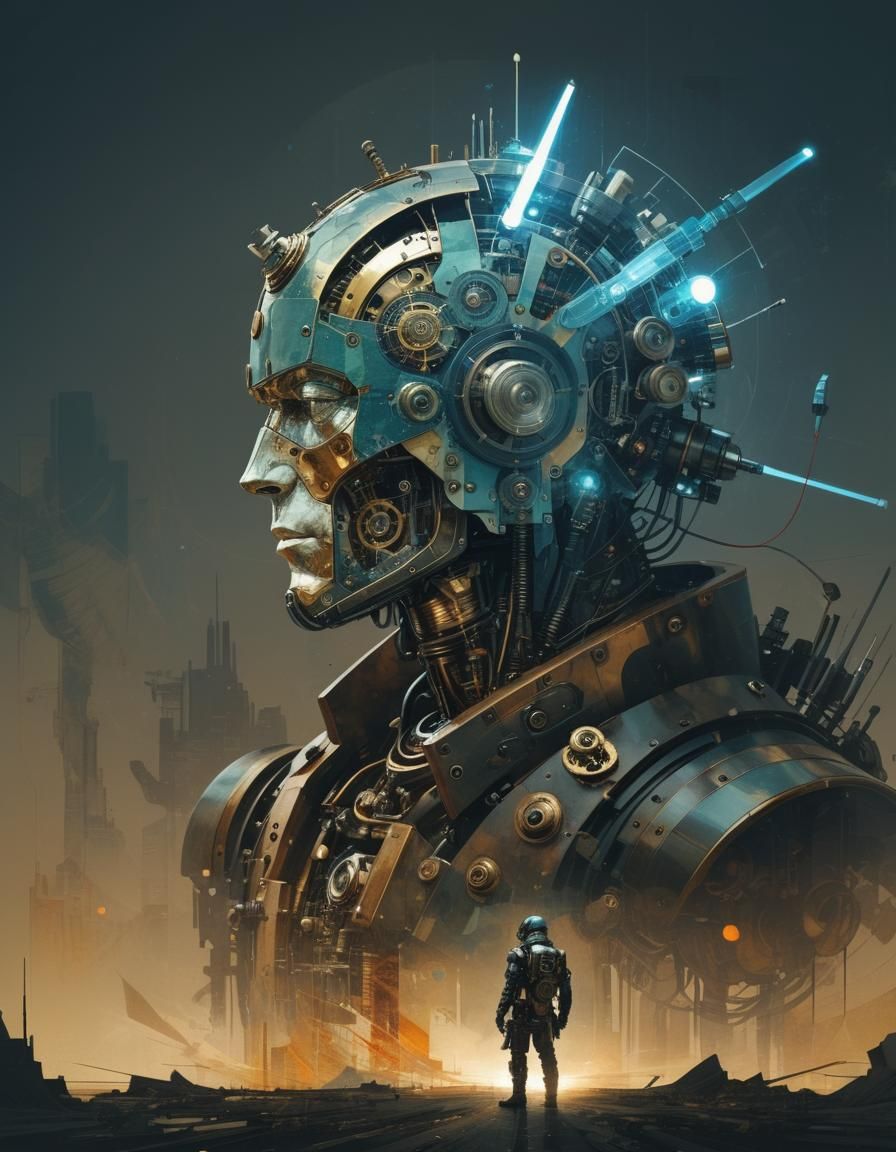 Steampunk Robot Double Exposure: Mechanical Engineering Art