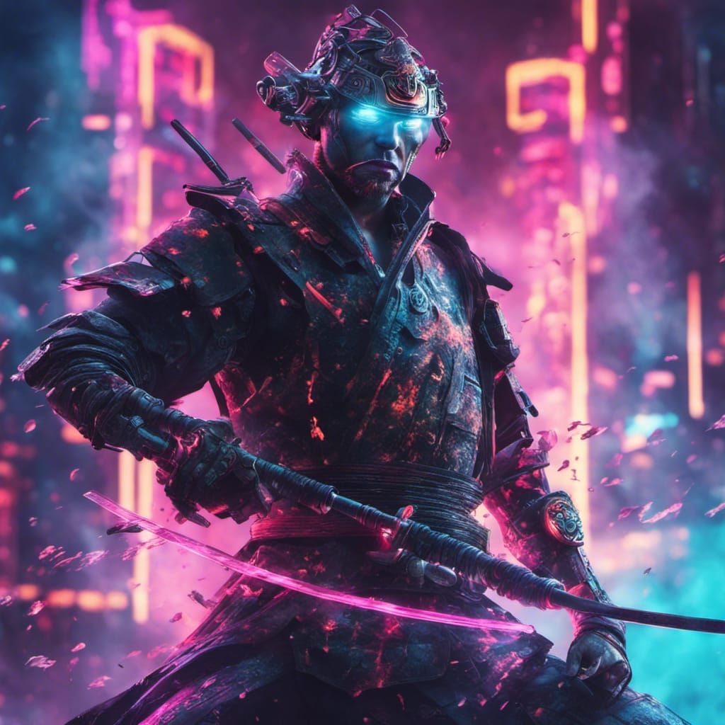 cyborg samurai with smoke swirling around him, cyberpunk sty...