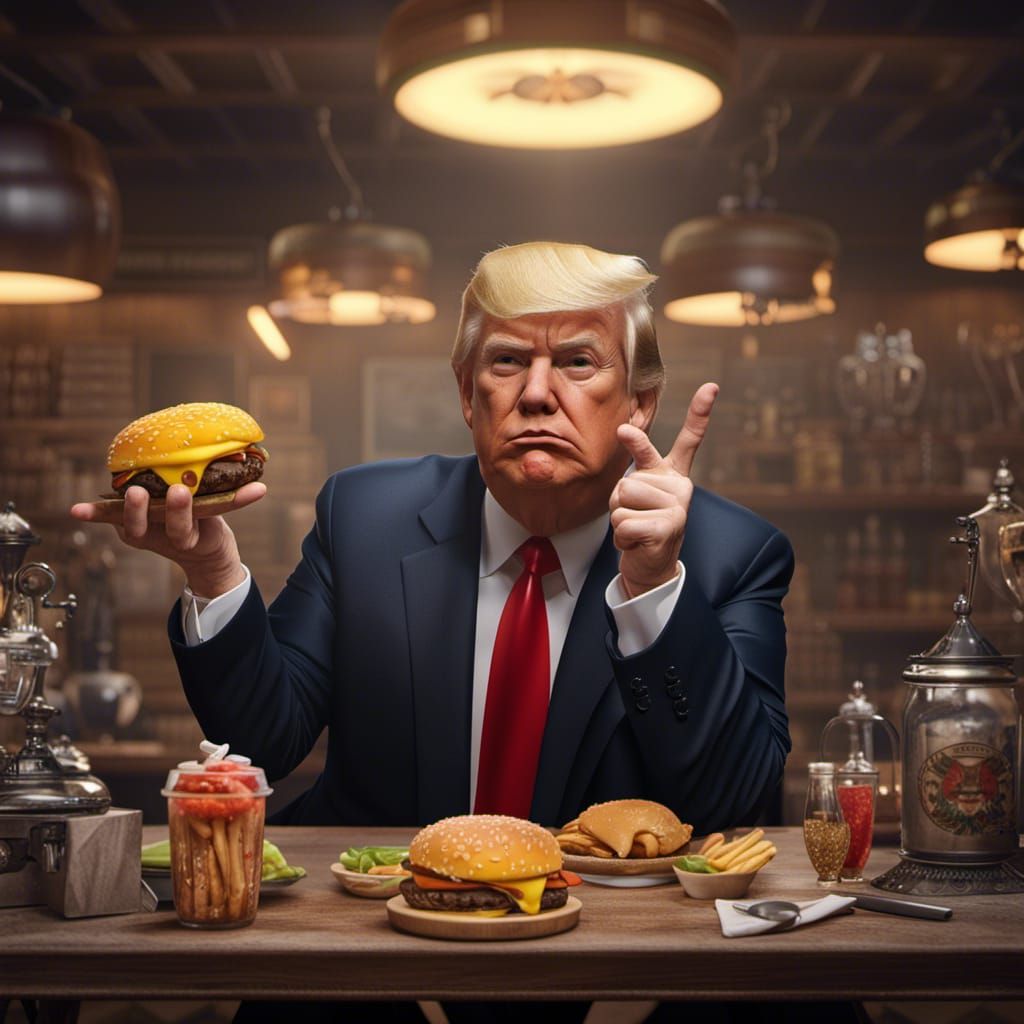 trump with a pacifier in his mouth , pointing to a cheese burger on a ...