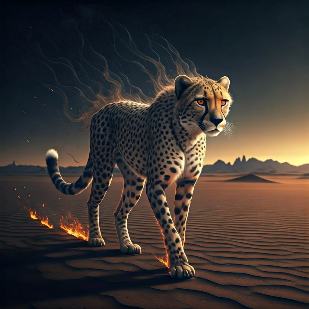 Ethereal cheetah made entirely of thick translucent black hyper detailed hyper realistic smoke walks ...  by @Barabashka