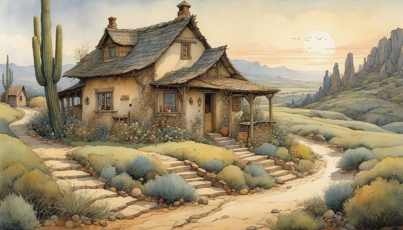 Arizona Night Scene in Storybook Illustration Style