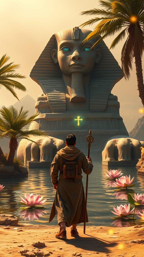 ""A hidden oasis deep within the Egyptian desert, guarded by a massive sphinx with glowing sapphire eyes. ...  by @Voldemort