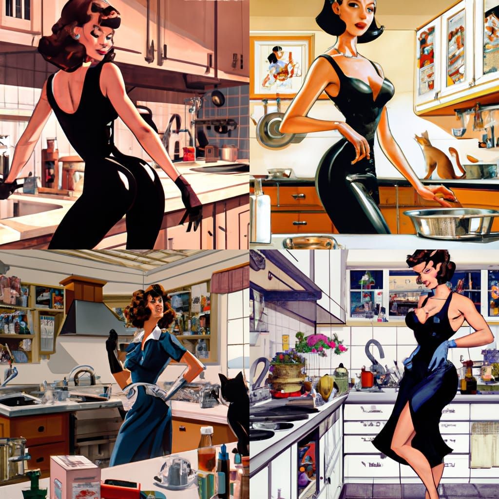 A pinup Catwoman standing in the kitchen, by Gil Elvgren, me...