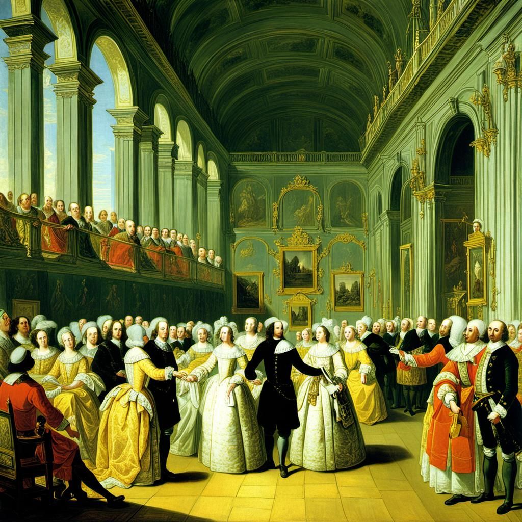 Peter the Great's first wedding in 1689 era. Golden clothes. Canaletto