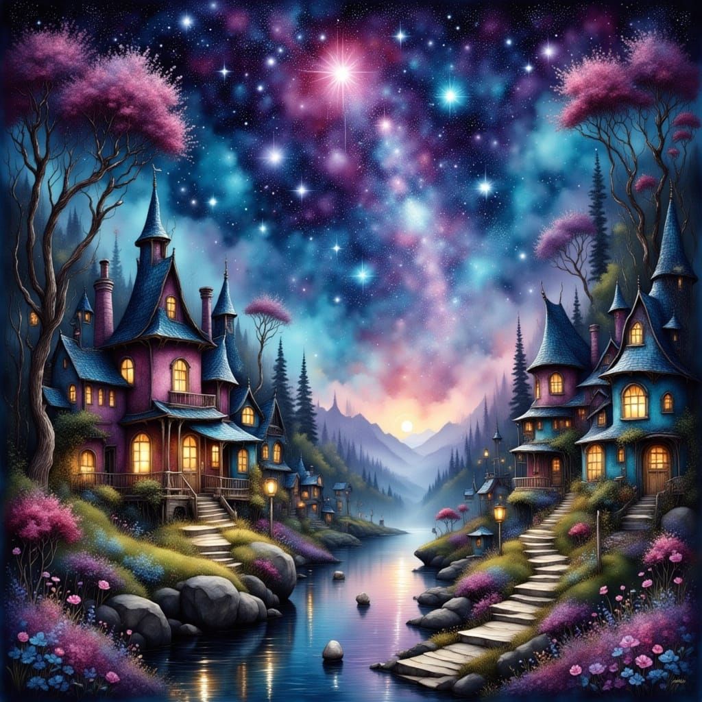 <lora:Weird Whimsy:1.0> <lora:Ink Poet:1.0> <lora:Exquisite Flux:1.0> <lora:Glossy Ink  Wonder:1.0> A group of robots invade a fairy tale vi...