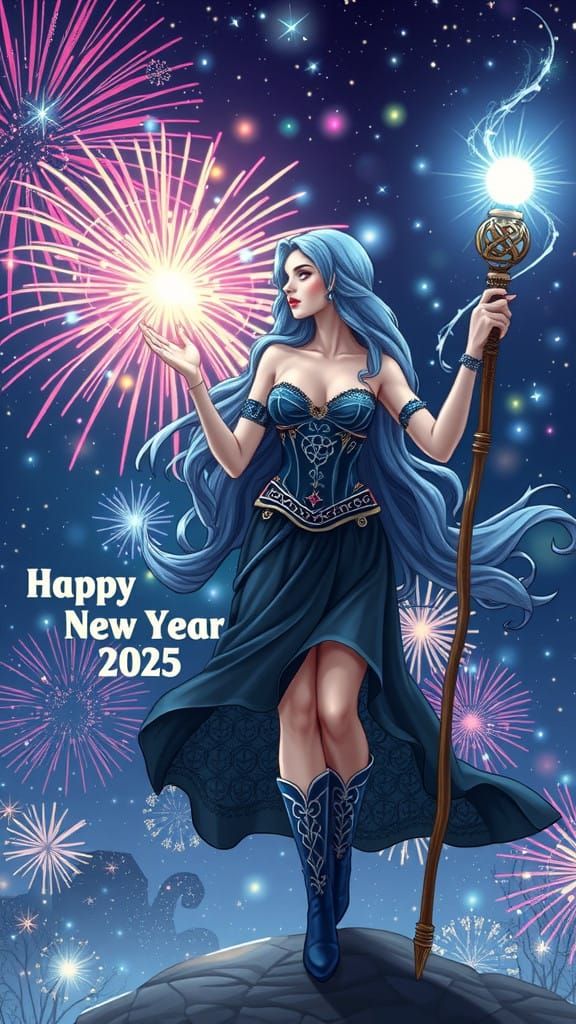 A dazzling scene unfolds under a midnight sky bursting with vibrant fireworks, each explosion painting the heavens with shimmering blues, si...