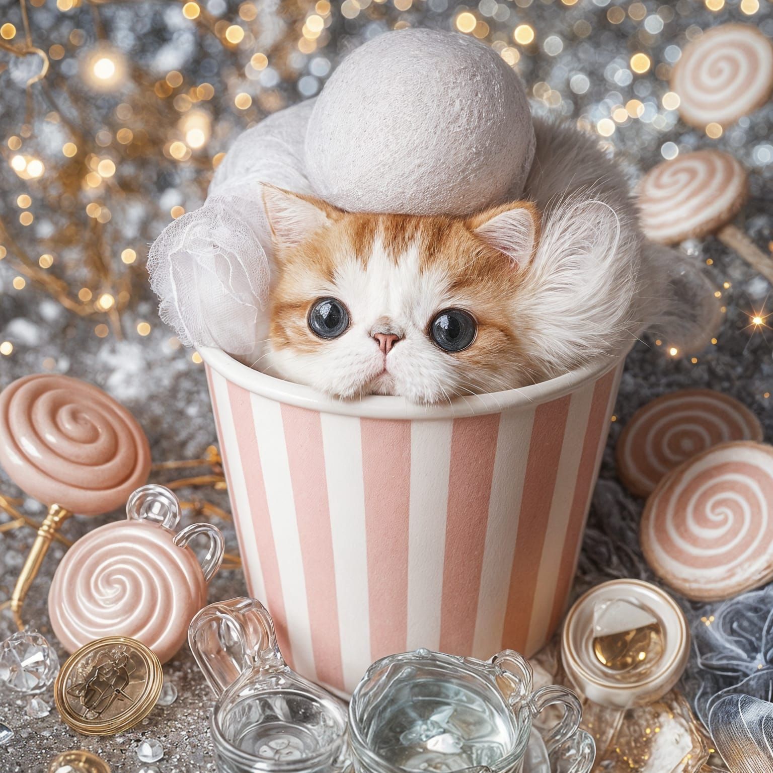 Un tierno gato dentro de una taza de algodon de azucar con cristales brillando por todo el alrededor 