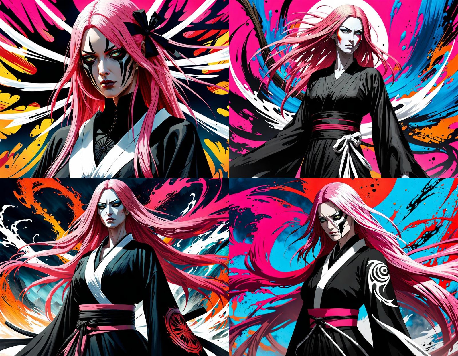 A bleach style looking female with long pink hair, and she her bankai.  Wearing a black battle gothic ribbon kimono dress and has a big chest... -  AI Generated Artwork - NightCafe Creator