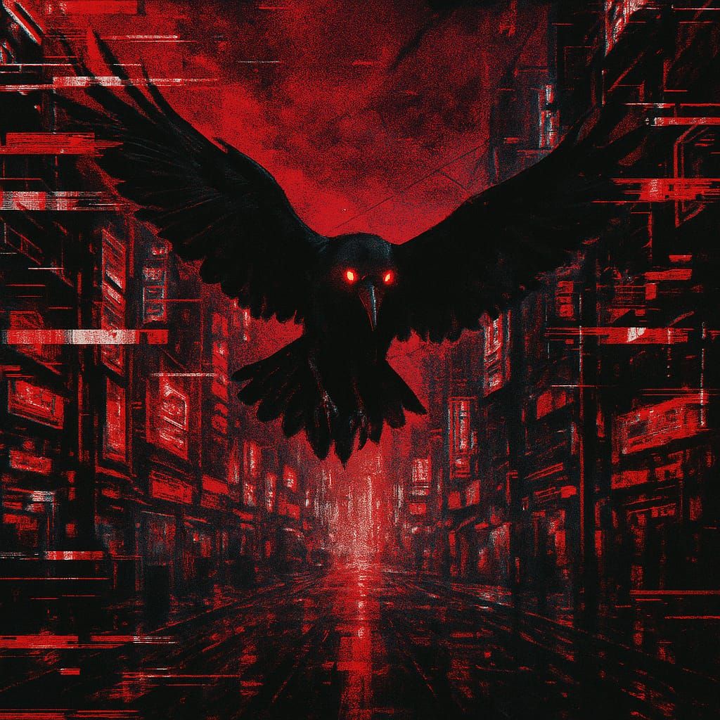 Glitched Raven in a Cyberpunk City