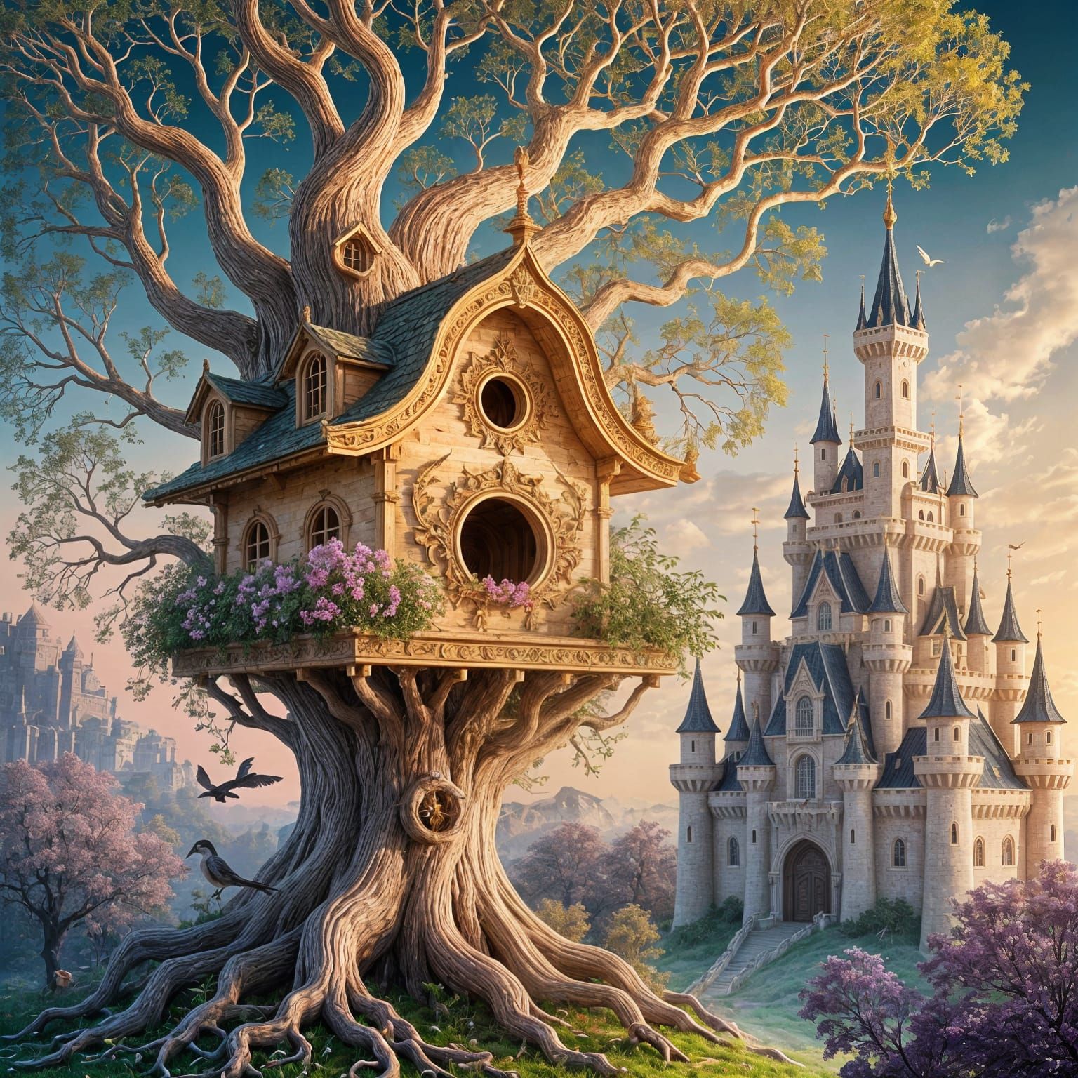 Fantastical forest tree, a magnificent bird house, multi-teired castle, birds ready to move in, surreal ...  by @Tilted25