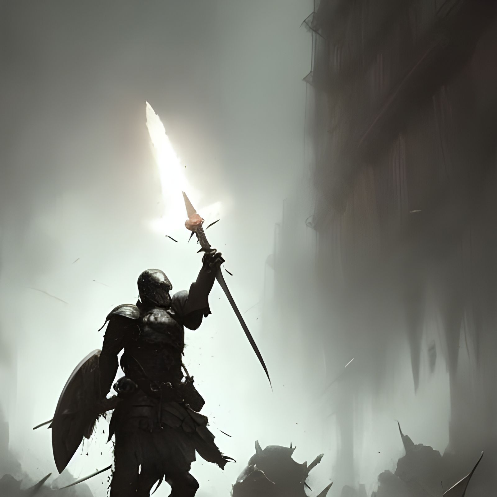 A warrior, wearing dark armour. Holding a heavy mace. Fighting zombies