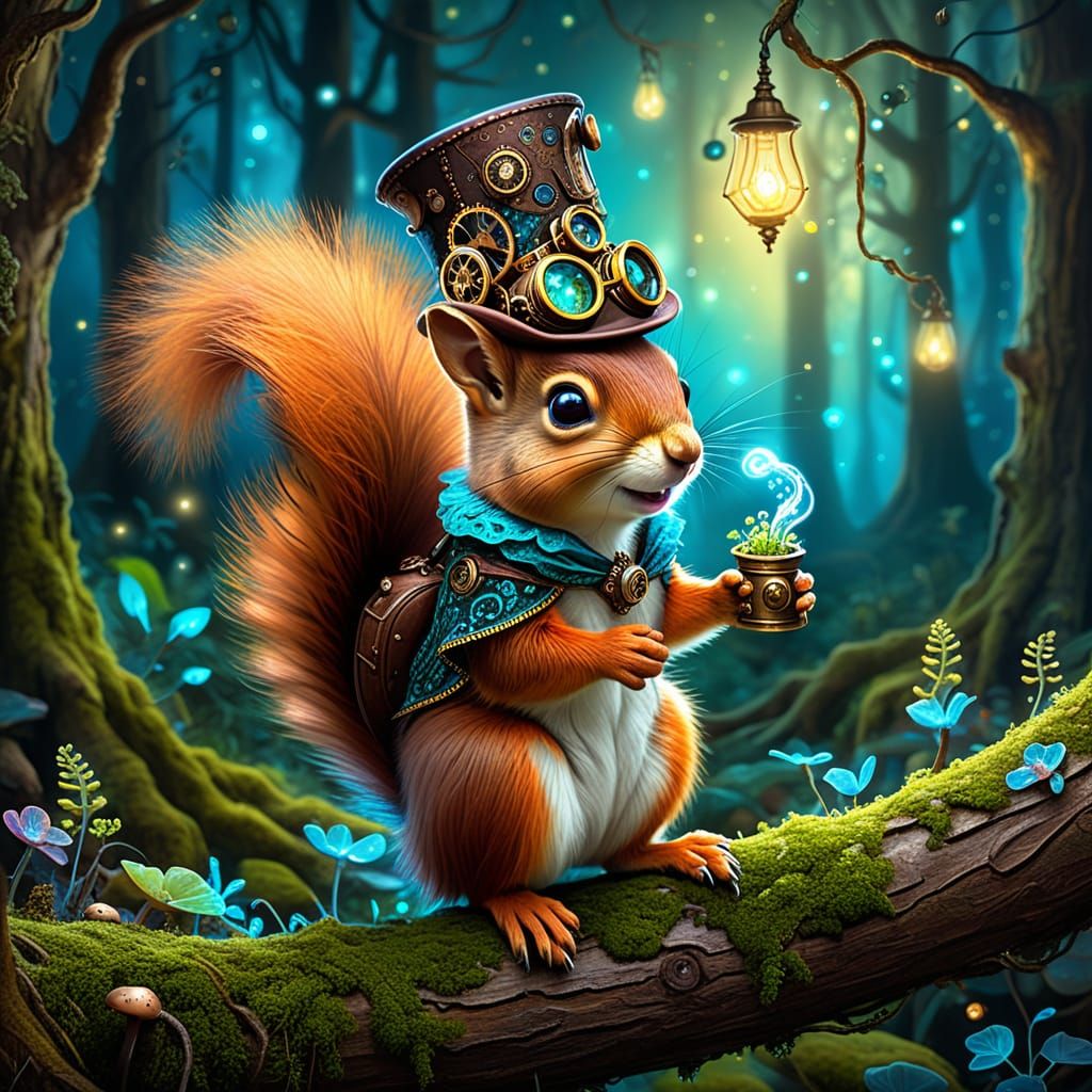 Steampunk Squirrel in Magical Forest
