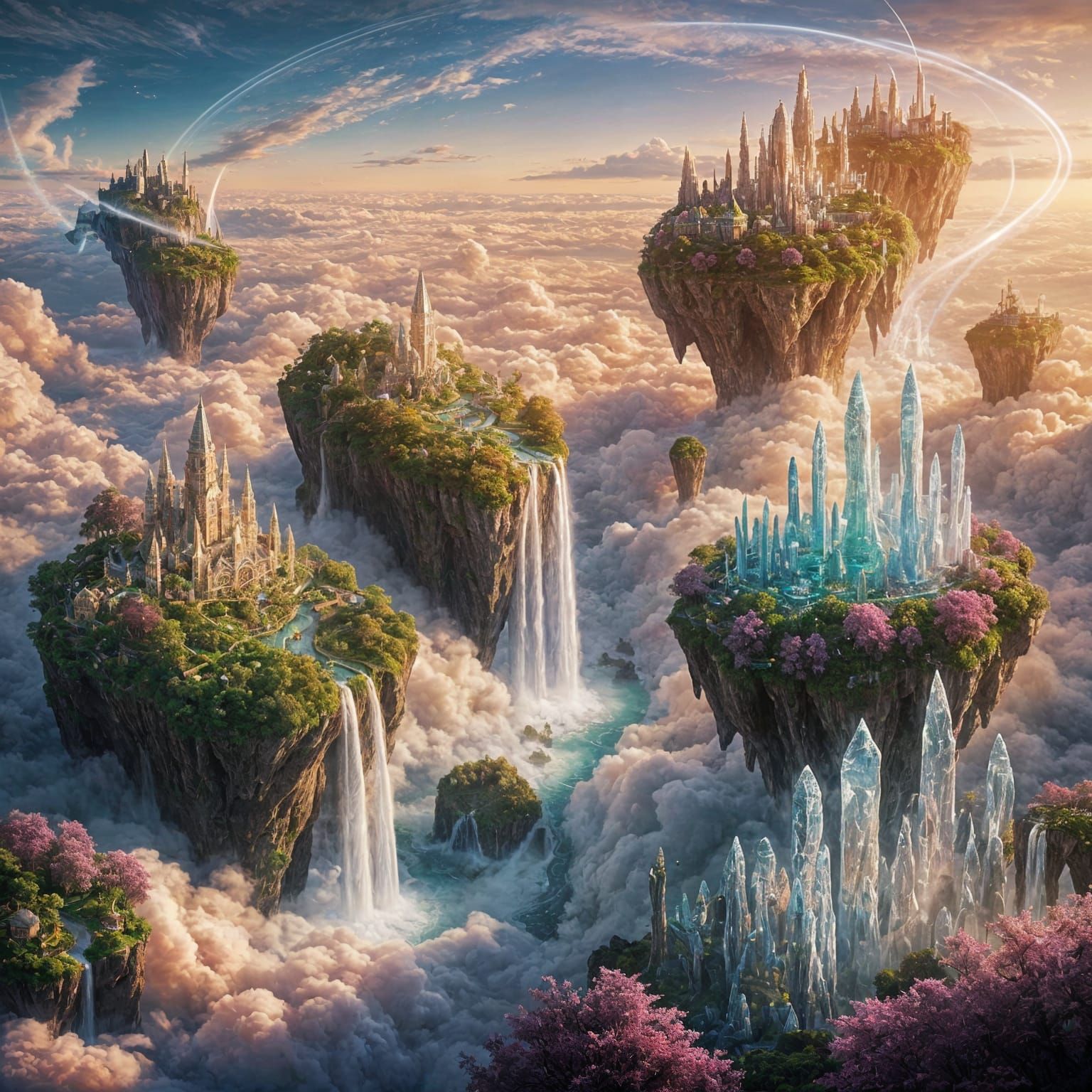 Surreal fantasy landscape of floating islands in the sky, with waterfalls falling into the clouds, lush ...  by @Likra