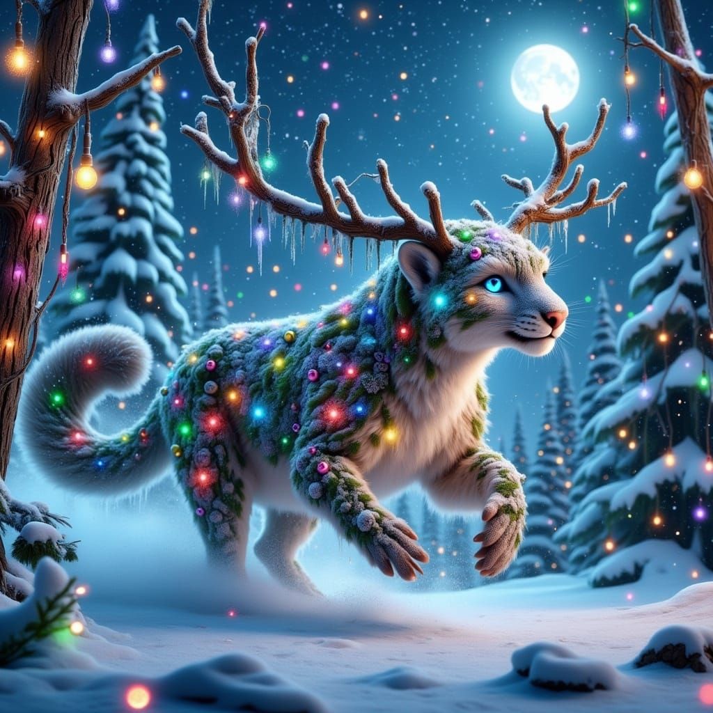 A beautiful Snow Leopard Ent with blue eyes runs at high speed in a snowy mountainous landscape. Xmas Trees with colorful lights. night time...