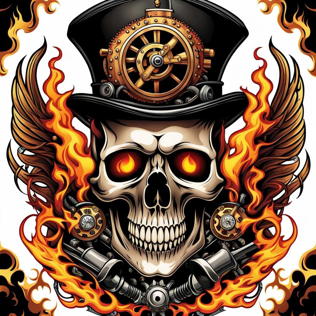 a steam punk skull tattoo biker style with flames